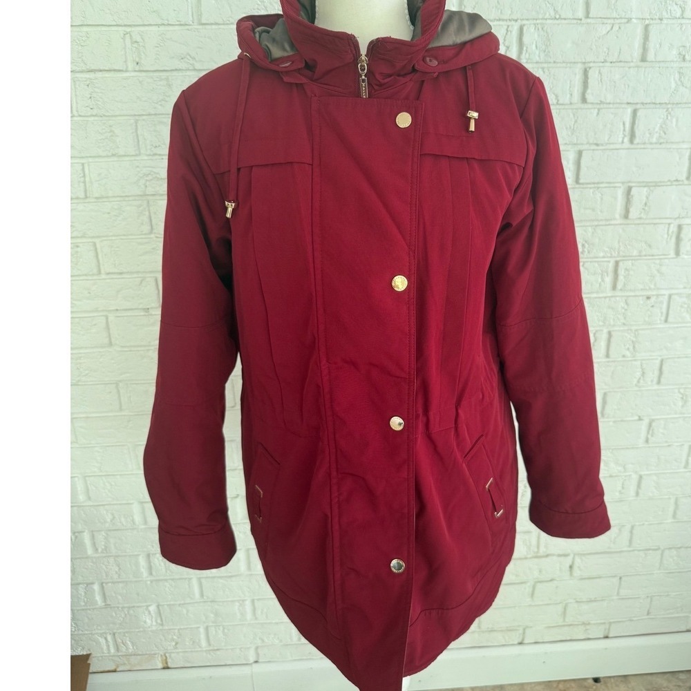 Gallery New York Parka Jacket Womens Medium Red Excellent Hooded Quilted Lining